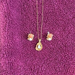 Gold-Tone Coral and White Pendant Necklace with Matching Stud Earrings